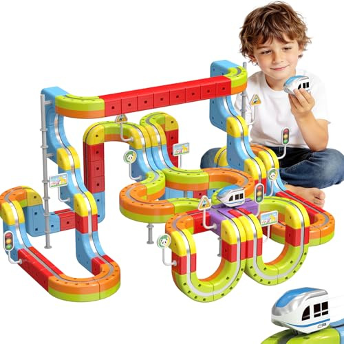 Electric Train Set for Kids, 141PCS 3D Track with Train, Traffic Signs & Bridge, DIY Building Toys for Boys Girls, Creative Toy Birthday for Kids 3-12 Years Old