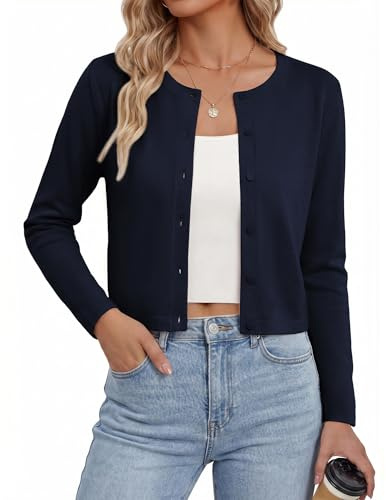GRACE KARIN Women's Crop Cardigans Crew Neck Long Sleeve Ladies Cardigan | lightweight, crop, long sleeve, short, cozy, casual, jumper, knit, solid, crew neck