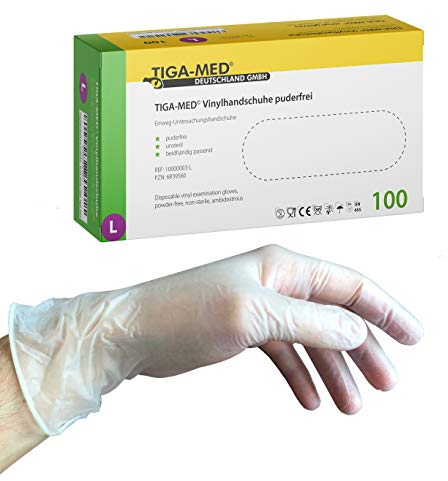 Lot de 100 gants en vinyle jetables à usage unique sans latex non-poudrés taille L de qualité Tiga-Med