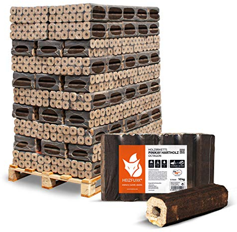 HEIZFUXX Holzbriketts PiniKay Octagon - Hartholzbriketts Palette 960 kg (96x10 kg) - Briketts mit Zugloch für Kamin, Heizkessel & Ofen - Schnell entzündbar, hoher Heizwert & geringer Aschegehalt