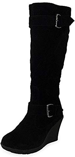 LoudLook Womens Ladies Mid Calf Shoes Buckle Knee Work Casual Mid Heel Wedge Boots Size
