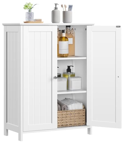 Yaheetech Bathroom Floor Cabinet, Modern Storage Freestanding Organizer Cabinet with Adjustable Shelves & Double Doors, 3-Tier Home Living Room Furniture, White