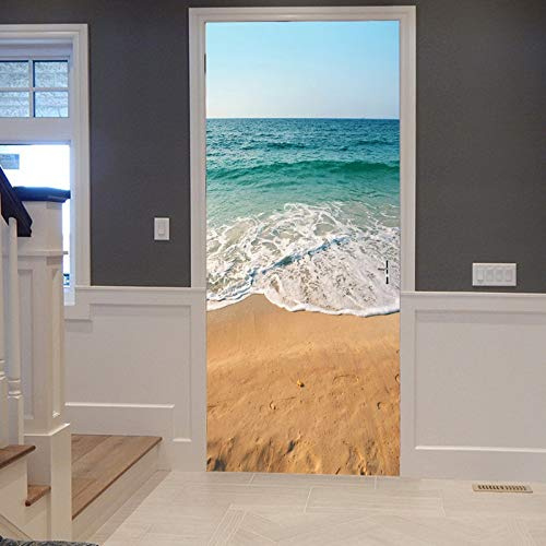 A.Monamour Adesivo Porta Autoadesiva Estate Spiaggia Di Sabbia Oceano Mare Onde Cielo Blu Natura Paesaggio Vinile PVC Adesivi per Porte Interne 3D Pellicola Adesiva Poster Sticker Murale Decorazione