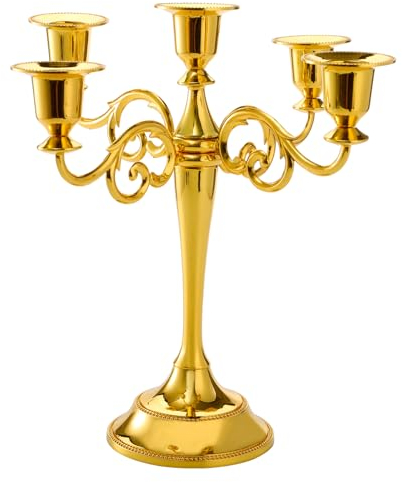 YOUEON Chandelier doré à 5 Bras, 26,6 cm de Haut, en métal pour Bougies piliers de 2,5 cm de diamètre, bougeoir Conique, décoration de Mariage