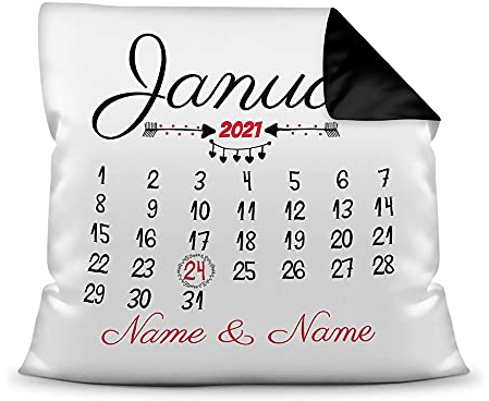 Kissen Kalender selbst gestalten - anpassbarer Jahrestag - mit Namen & Datum bedrucken - Geschenk Valentinstag, Liebe, Jahrestag, Fotokissen inkl. Füllung - Farbkissen Rückseite Schwarz, 40 x 40 cm