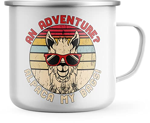 Purple Print House Funny Hiking Enamel Mug, An Adventure Alpaca My Bags, Hiking Gifts for Himor Her, Dad Grandad Birthday Camping Gift, Walking Metal Coffee Cup for Hiker, One Size, White