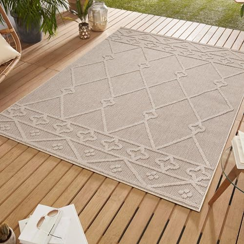 SIMPEX Outdoor Teppich, Berber Design, Beige, 240 x 340 cm, Boho-Stil, für Küche, Balkon, Terrasse, Garten, Picknick