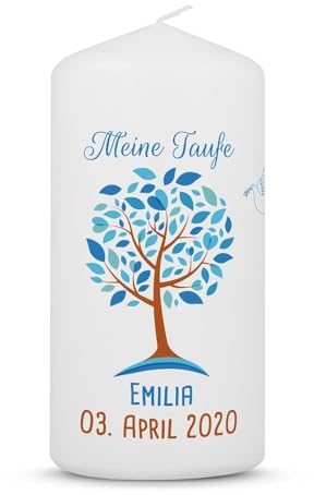 GRAVURZEILE Candela per battesimo con albero della vita con nome, data e battesimo – Candela di alta qualità 120/57 mm stampata brillantemente – Regalo di battesimo personalizzato per ragazze e