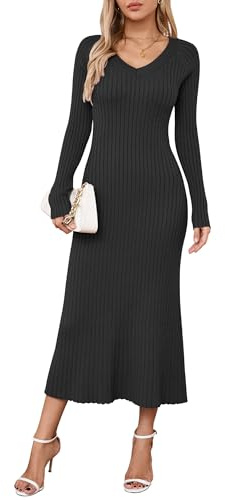 Arach&Cloz jumper klänning för kvinnor UK V-hals ribbstickad klänning bodycon Fashtail vinterklänningar tröja, Svart, XL