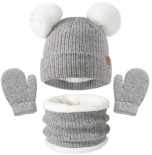 AYPOW Invierno Set de Bufanda, Gorro y Guantes para Niños Niñas 0 a 7 Años, Forro Polar Grueso Accesorios de Invierno de Punto Térmico, Conjuntos Sombreros Regalos para Niños Pequeños Niños Niñas