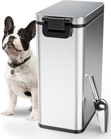 Courpal® Stainless Steel Dog Food Storage Container - 20 LB / 15 LB Dry Pet Food Container with Lids Airtight for Cat Dog Bird - 15L / 4 Gal Stackable Metal Large Sealed Animal Food Bin with Scoop