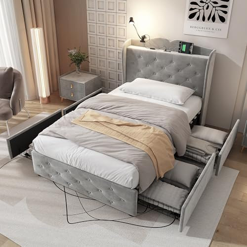 ModernLuxe 3FT Single Bed, Upholstered Bed Frame with 4 Built-in Drawers and Portable Table Lamp, 4 USB Port, Storage Bed, Sturdy Youth Bed for Adults & Teenagers, Velvet, Grey, 90x190cm