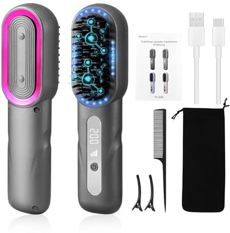 Cordless Hair Straightener Brush, Portable Mini Straightening Brush, USB Rechargeable Straighteners for Women, 2 in 1 Negative Ion Hot Comb Hair Straightener with Temperature Control, 140-200°C