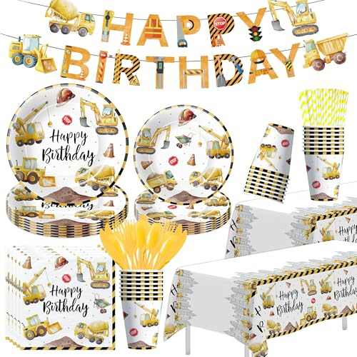 Srua Don Construction Birthday Party Supplies, Construction Party Decorations Tableware, Paper Plates, Cup, Napkin, Tablecloth, Cutlery, Banner, Excavator Dump Truck Birthday Decorations, Serves 24
