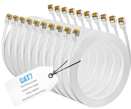 Mygatti 0,3 meter (10 st) platt Cat7-vit Ethernet-kabel, höghastighets LAN-kabel, 10 Gbps 600 MHz internetkabel med RJ45-kontakt, internet patchkabel, POE, FTP, för router, switch, modem, med 25