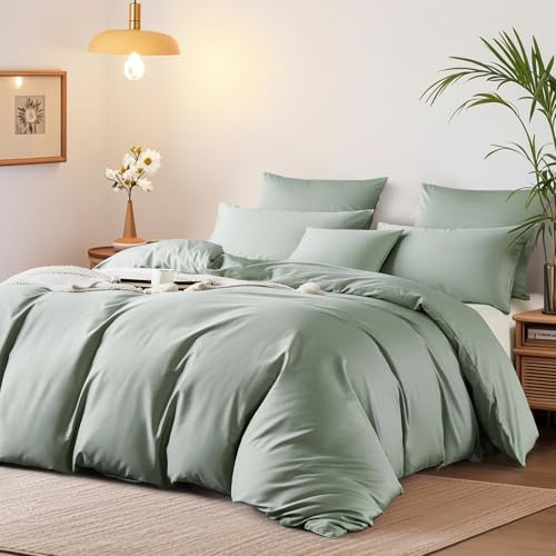 Boqingzhu Mako Satin Bettwäsche 135x200 cm Grün Salbeigrün Ägyptische Baumwolle Temperaturregulierend Seidig Bettwäsche Set mit Kissenbezug 80x80cm, Atmungsaktiv & Weich, Perfekt für Sommer und Winter