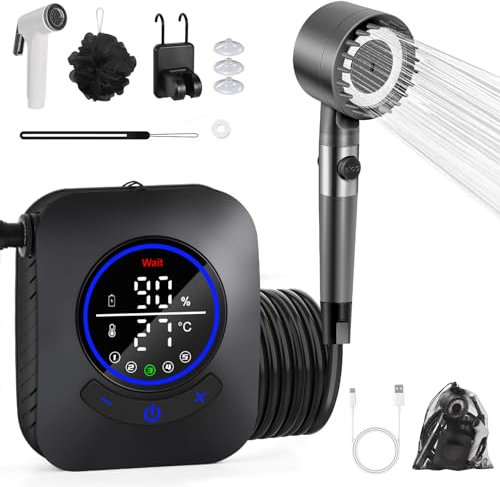 Charmofun Camping Dusche, 8000mAh Tragbare Campingdusche Akku mit Pumpe, Outdoor Mobile Dusche Set mit Filter Duschkopf und 5-Gang-Schaltung, für Wandern Garten Reisen Strand Haustier Autowaschen