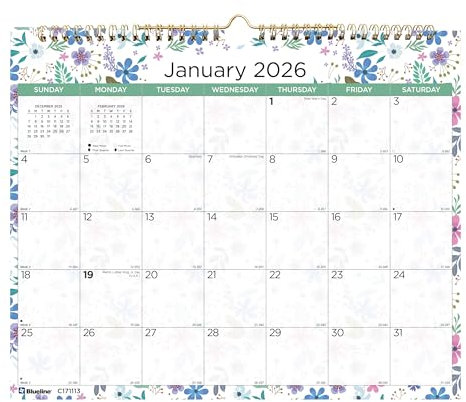 Blueline® 2026 Colorful Monthly Wall Calendar, 12 Months, January to December, Gold Twin-Wire Binding, 15 x 12, Wildflowers (C171113-26)