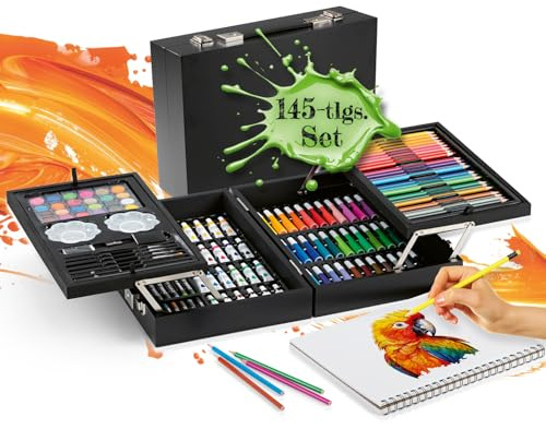 EASYmaxx Mallette de peinture 145 pièces | Kit de peinture avec fournitures de peinture telles que crayons de couleur, feutres, peintures acryliques, pastels à l'huile, boîte à encre, boîte de