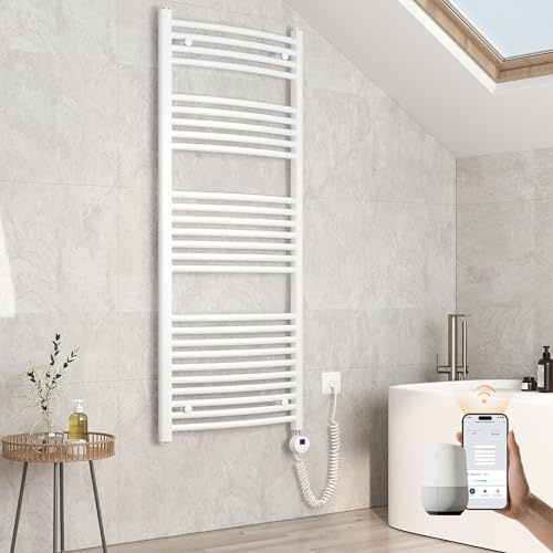 EMKE Handtuchheizkörper Elektrisch 140 x 60 cm, WiFi Intelligenter Gebogen Badheizkörper Elektrisch mit Thermostat Handtuchwärmer Handtuchhalter mit Heizstab Weiß 600 Watt