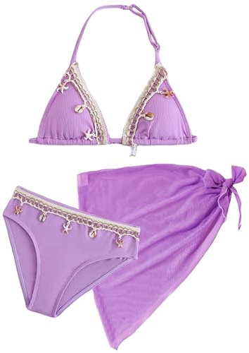 SEAUR Fille Ensemble Bikini avec Jupe 3 Pièces Maillot de Bain Mode Coquille Halter Bikini Set Enfant Été Plage Piscine 8-12 Ans