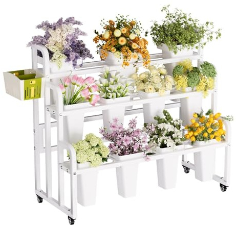 WPPTNSFY Carrito Portamacetas Móvil de 3 Niveles en Metal Robusto, Expositor de Flores con 11 Cubetas Extraíbles y Ruedas Giratorias 360°, para Jardín, Terraza, Balcón y Floristerías
