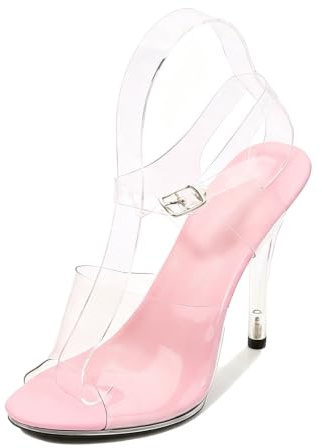 Vosswear Sandalias tacón Fino con Tira en T, tacón 11 cm | PVC transparente, diseño tira en T, punta abierta, hebilla tobillera regulable, tacón fino delgado