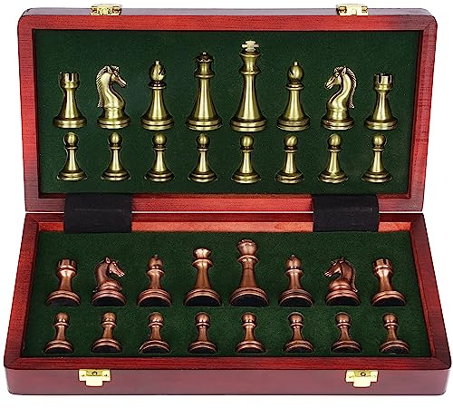 Agirlgle Retro Metal Chess Set with Folding Wooden Chess Board and Classic Handmade Standard Pieces Metal Chess Set for Kids Adult