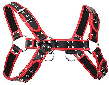 FourPlusOne Men's Faux Leather Shoulder Support Chest Adjustable Buckles Accerssory Chest Fancy Belt Braces (Black&Red)(Size: One Size)