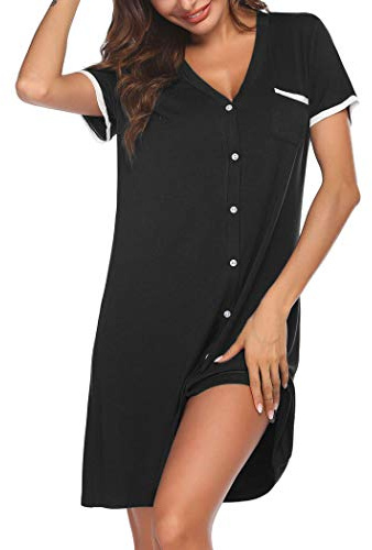 Ekouaer Nightgowns for Women Button Down Pajamas Tops Short Sleeve Sleepwear V-Neck Sleepwear Black L