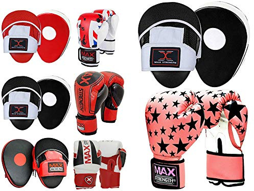 MAXSTRENGTH Boxing Gloves Focus Pads Kickboxing Punching Training Sparring Hand Pads MMA (Pink Star (Printing) Gloves with Black/White Pad, 12oz)
