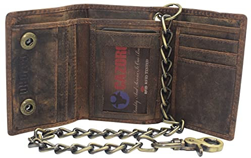CAZORO Herren RFID-blockierende dreifach gefaltete Vintage Leder Biker Kette Geldbörse mit Druckknopfverschluss, braun, Bikerbörse