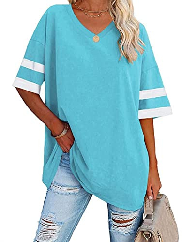 Voopptaw Short Sleeve Tops for Women UK Soft Casual V Neck Oversized Baggy Tshirts Blue S