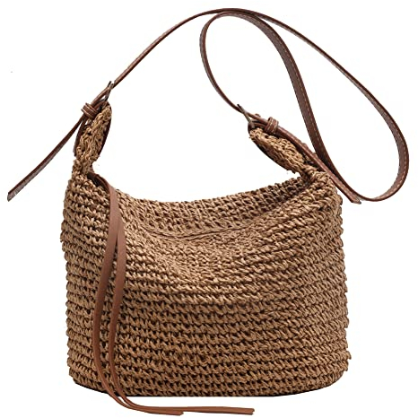 GSenhui Stroh Handtasche Damen Sommer Strandtasche Stroh Groß, Korbtaschen Damen Strohtasche mit Leder Schultergurt, Strohtaschen Böhmische Handgewebt,Geflochten Basttasche für Reisen Strand