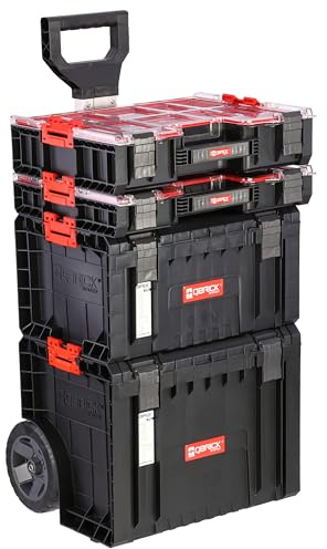 Set di scatola degli attrezzi MAX-Organizer con manico telescopico, ruote in alluminio, 4 scatole rinforzate per garage e officina PRO