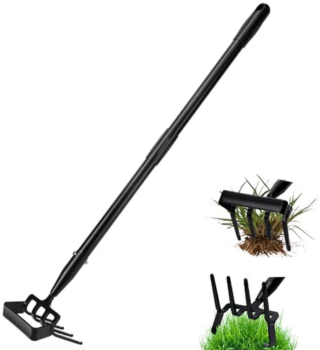 2 in 1 Azada de Jardín 200cm Ajustable Azada de Estribo Azada Combinada Rastrillo de Malas Acero Inoxidable Herramientas de Jardín Doble Azada de 4 Dientes para Desmalezar Excavar Aflojar el Suelo