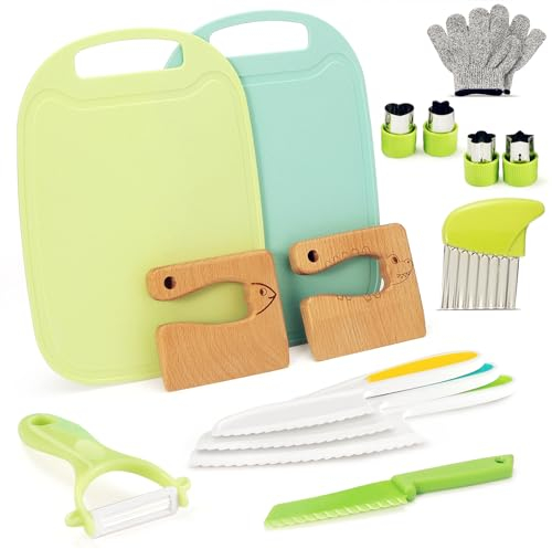 Kindermesser 15-teiliges Kinder-Küchenmesser-Set zum Schneiden und Kochen von Obst oder Gemüse für Kleinkinder, Kinder Kochset inklusive Kinder Sicherheit Holzmesser Schneidebrett Schäler