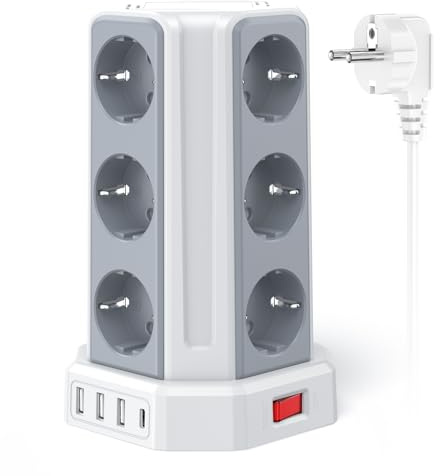 Torre Regletas Enchufes con Cable 5M, Regleta USB 12 Tomas de AC Corrientes y 4 USB, 3680W/16A, Regreltas Vertical con Interruptor para Mesa, Oficia, Casa