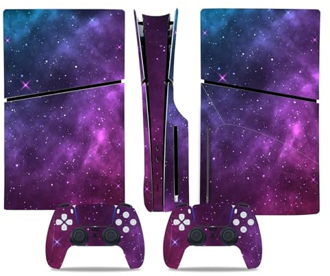 PS5 Slim Disc Version Skin für Konsole und Controller, Vinyl-Aufkleber Playstation 5 Slim Skins Wrap Decal Cover Schutzzubehör für PS5 Slim Disc Edition (Purple Nebula)