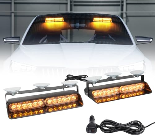 I LITTON 2-In-1 Amber Windshield Strobe Lights, 2 x 8.4 Inch Windshield Interior Light, 26 Modes 12/24V Emergency Warning Traffic Advisor Front/Rear Car Window Dash Strobe Lights for Trucks Vehicles