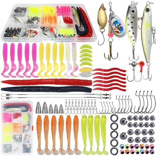 MONCAP 114 Stück Angeln Köder Set Angelzubehör Angelköder mit Tackle Box Kunstköder Gummifische Gummiköder Fisch Köder Süßwasser Salzwasser Angelset für Forelle Zander Hecht Barsch