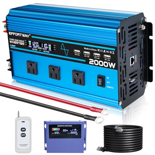 2000W Pure sine Wave Inverter 4000W (Peak) DC 12V to AC 110V/120V Converter with LCD Display Wireless/Wired Remote Control 3AC Outlets and 4USB for Camping RV Travel Off-Grid Solar Systems