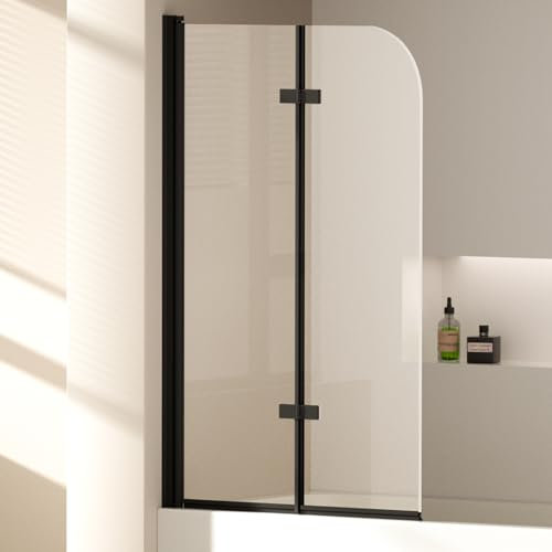 EMKE Paroi de douche pour baignoire 100x140 cm, Cadre Noir,pare-baignoire pliant 2 parties, paroi de baignoire en verre de sécurité 6 mm, séparation de douche pour baignoire,Facile à Nettoyer