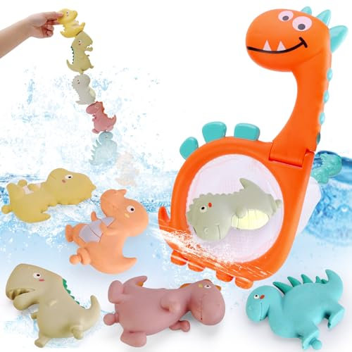 VBACALA Jouets pour Le Bain Jouets pour Le Bain avec 3in1 Dinosaure pêche au Filet+Cadre+ Rangement,6 blé Caoutchouc Mou Dinosaures,Jouets Aquatiques Enfants Bain dès 3 Ans