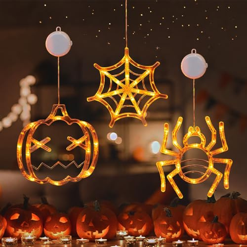 HuaMuDM Decorativa de Halloween,3 Piezas Luz LED para Ventana con Ventosa,Luces LED Halloween Colgantes,für Ventana,Innen Tür Haus Balcón Fiesta