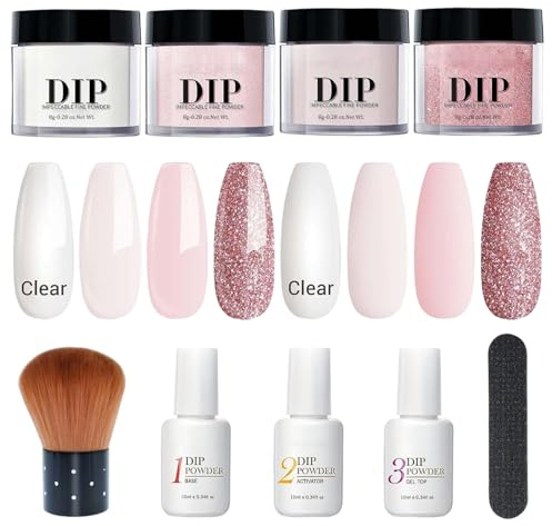 Nail Dip Powder Kit Dip Powder Nail Kit 4 Color Liquid Set with Base & Top Coat Activator for French Nails Art Manicure Salon DIY at Home