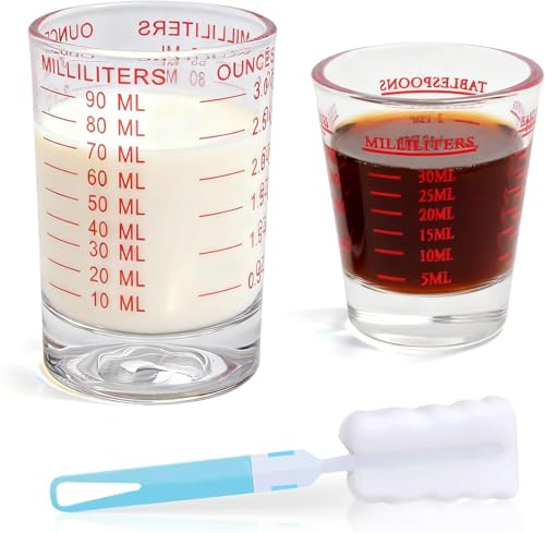 Mispudin 30ml+90ml Shot Glasses Measuring Cup, 2 Pack Espresso Shot Glass with Measurements, Brush, Small Liquid Measuring Glass for Cocktail, Vodka, Whiskey, Tequila, Liquor, Coffee (Red)
