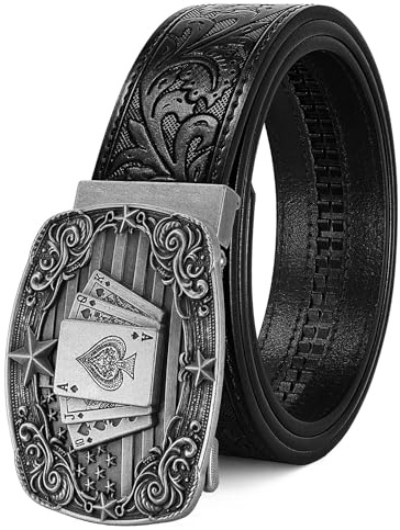 LALATCH Cowboy Western Ratchet Belt for Men Women with Automatic Western Buckle, Ratchet Cowboy Leather Belt for Jeans Gifts, Silver Poker/Black