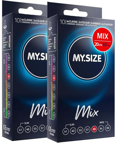 MY.SIZE Mix Kondome 60mm 20 Stück – XXL Passform | Sorten: Blau, Rot mit Erdbeeraroma, Gerippt, Natur | Premium Qualitätskondome | Deutsche Marke | 0,07mm Wanddicke | aus Naturkautschuklatex