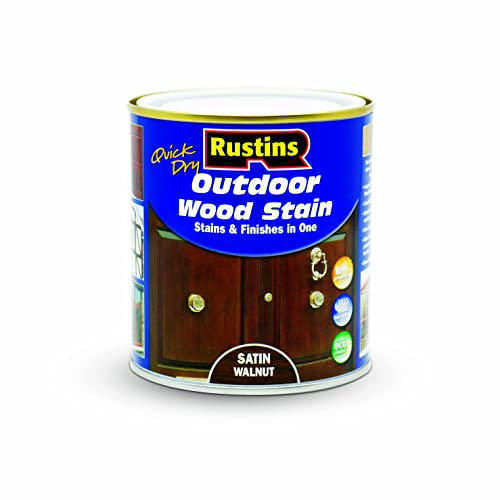 Rustins Quick Dry Outdoor Wood Stain Satin Walnut 500ml- Durable and Weather-Resistant Finish, Fast Drying, Vibrant Color for Decks, Fences, & Furniture, Available in Many Wood Shades